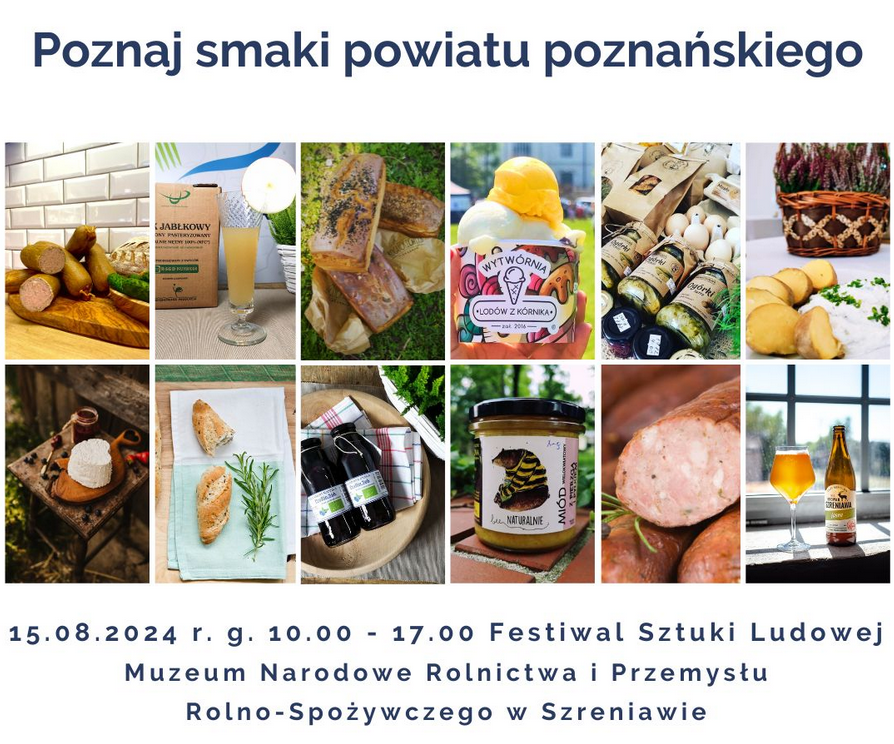 Plakat Festiwalu Sztuki Ludowej, kolaż dwunastu zdjęć różnych produktów spożywczych prezentowanych podczas festiwalu. - grafika artykułu