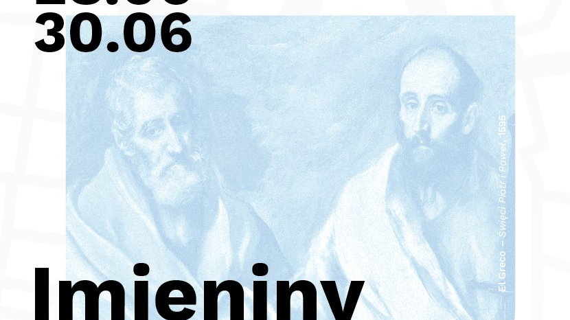 Na białym tle jasnoniebieski herb, w który wpisano wizerunek Piotra i Pawła z obrazu.
