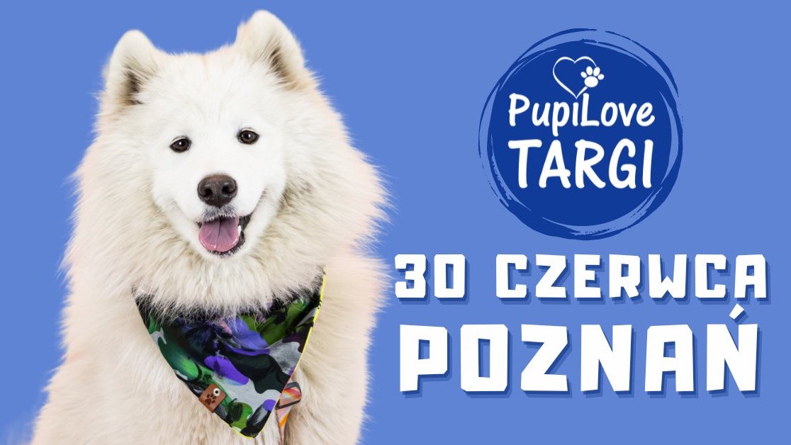 Niebieskie tło. Na nim biały pies, który pokazuje język i ma na szyi przewiązaną kolorową chustę. Obok psa niebieskie kółko z napisem "PupiLove Targi". Pod spodem komiksowy napis "30 czerwca Poznań".