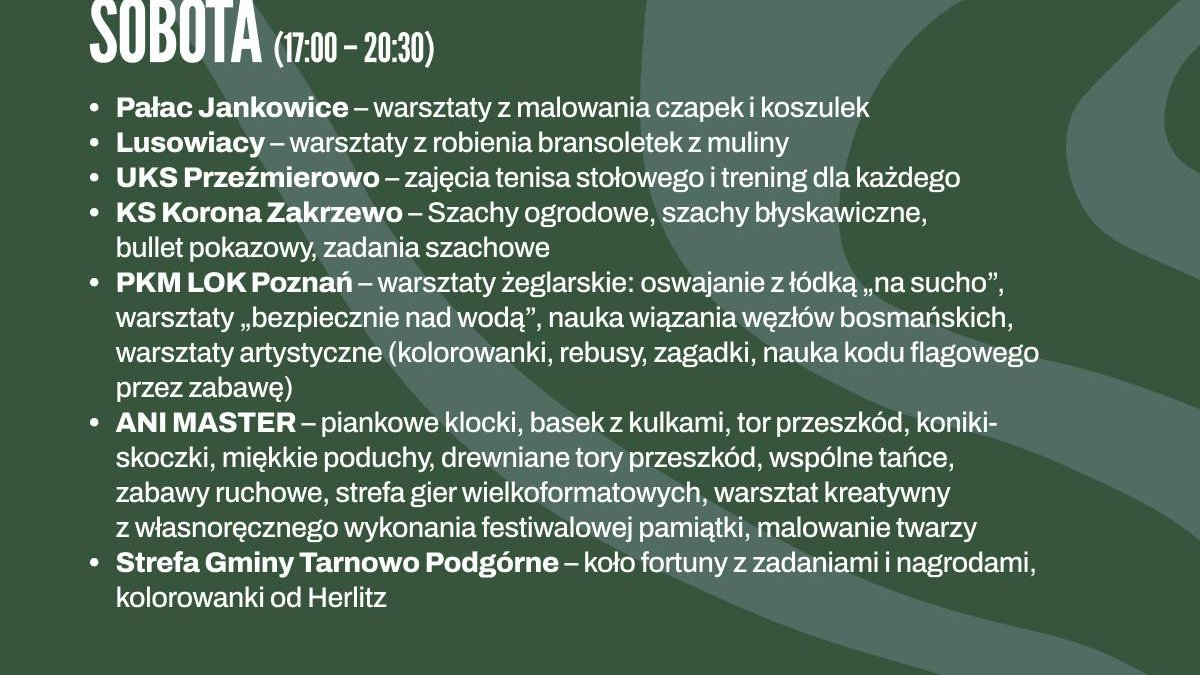 ,Zielone tło z rozpiską wydarzeń, które odbędą się w strefie rodzinnej w piątek 6 lipca. Atrakcje będą trwały od 17 do 20:30. W planie warsztaty z malowania czapek i koszulek, robienie brasnoletek z muliny, zajęcia z tenisa stołowego, warsztaty żeglarskie "na sucho", piankowe klocki, basek z kulkami i tor przeszkód.