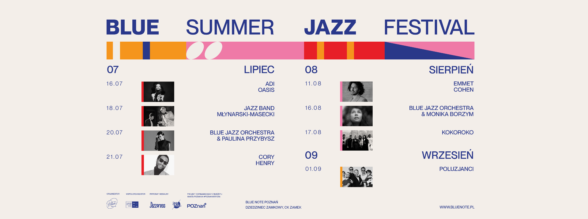 Na szarym tle niebieski napis "Blue Summer Jazz Festival". Pod nim kolorowy pasek w różne wzory. Poniżej harmonogram koncertów. Szczegóły programu znajdują się w artykule. - grafika artykułu