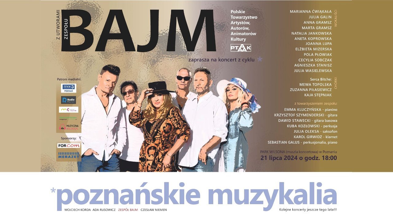 Plakat wydarzenia. Na nim przerobione zdjęcie zespołu Bajm i lista artystów, którzy odśpiewają ich piosenki.