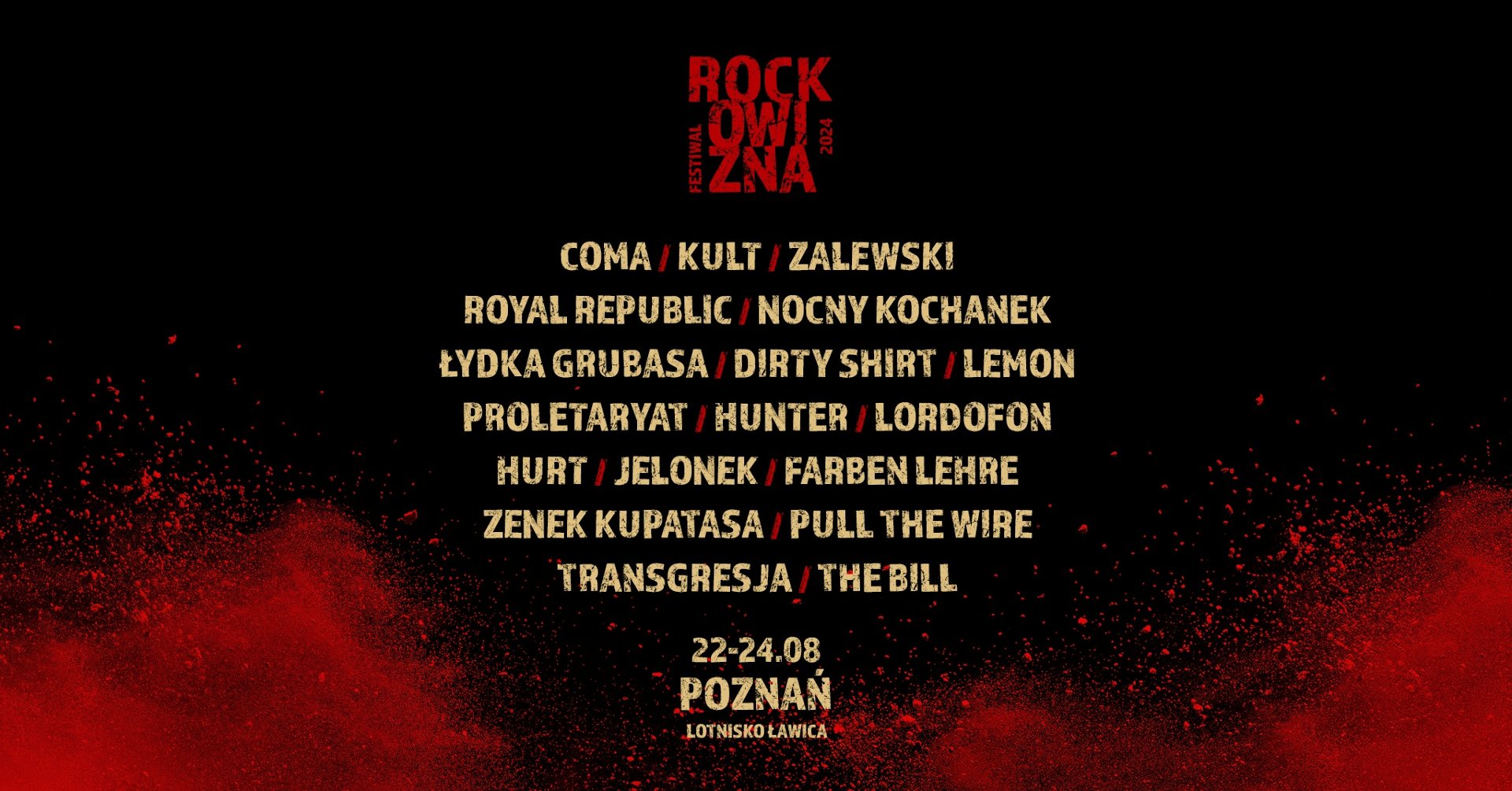 Czarne tło z czerwonym efektem dymu. Plakat z repertuarem Rockowizny. Na plakacie wypisani są artyści i data wydarzenia. - grafika artykułu