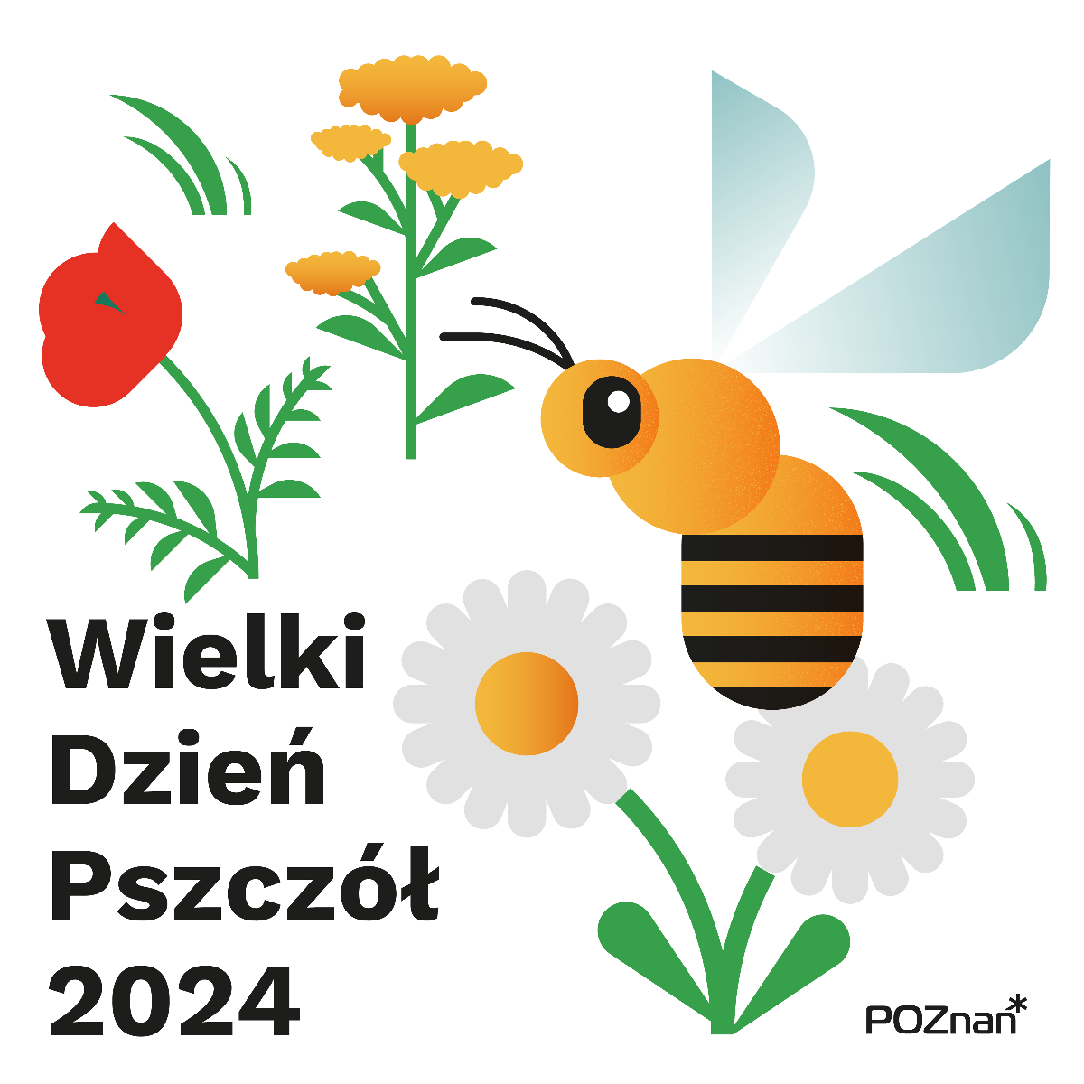 Infografika przedstawia pszczołę wśród kwiatów napis Wielki Dzień Pszczół 2024 - grafika artykułu