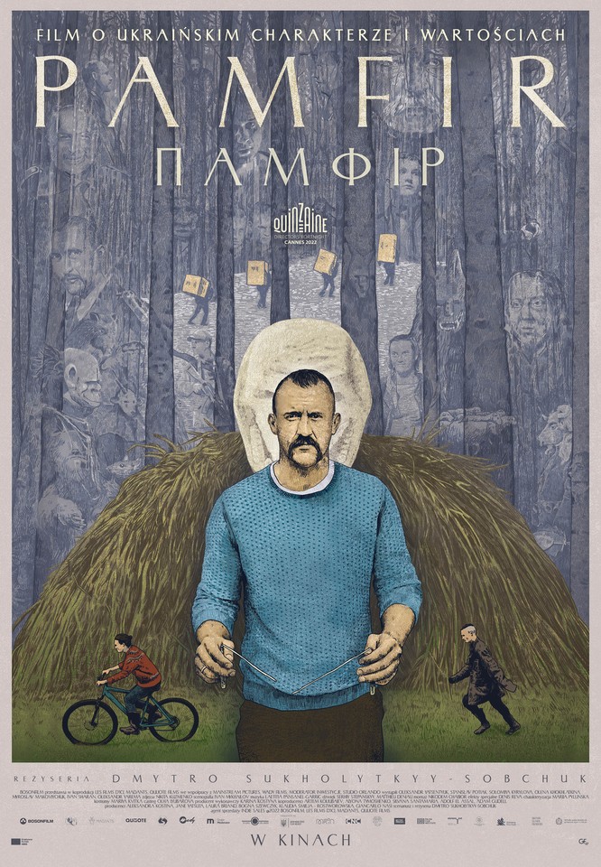 Rysowany plakat przedstawia mężczyznę w niebieskim swetrze, stojącego na tle stogu siana. Za jego głową widoczna jest biała maska, wyglądająca jak aureola. Pomiędzy nim a stogiem siada widoczne są dwie postaci. Jedna jedzie na rowerze, druga za nią biegnie.