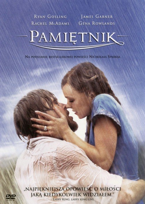 Plakat filmu "Pamiętnik". Na nim para obejmuje się w deszczu i skłania do pocałunku.