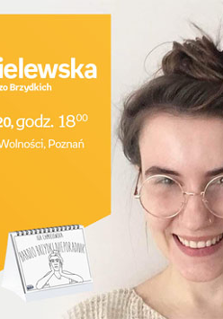 Plakat wydarzenia: po prawej stronie Iga Chmielewska, po lewej tekst informacyjny.