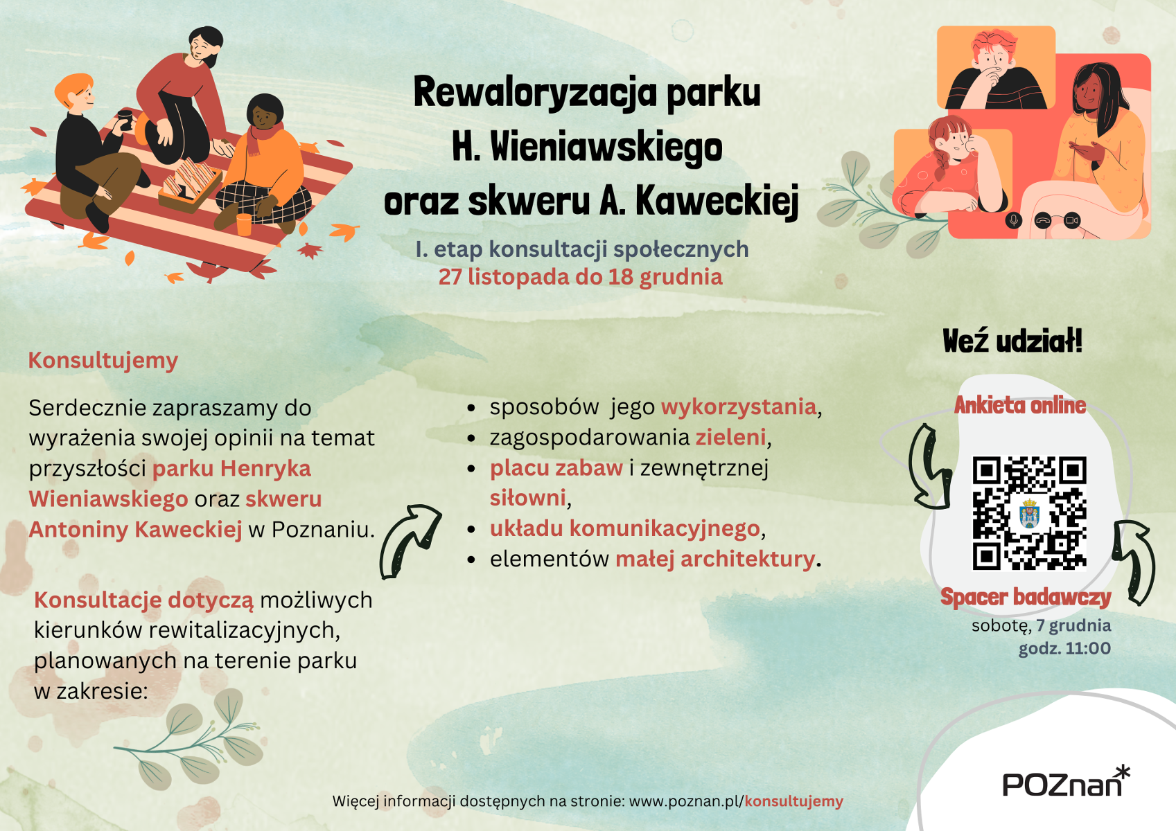 Plakat poziom - konsultacje rewaloryzacja Park Wieniawskiego