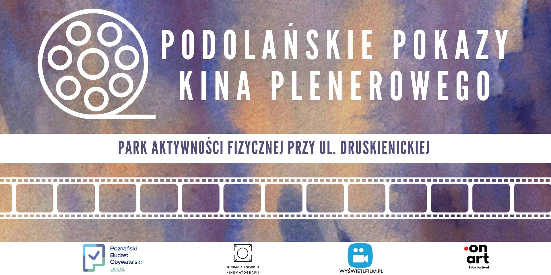 Na kolorowym tle grafika, która przedstawia szpulę filmową i rozwinięty film.