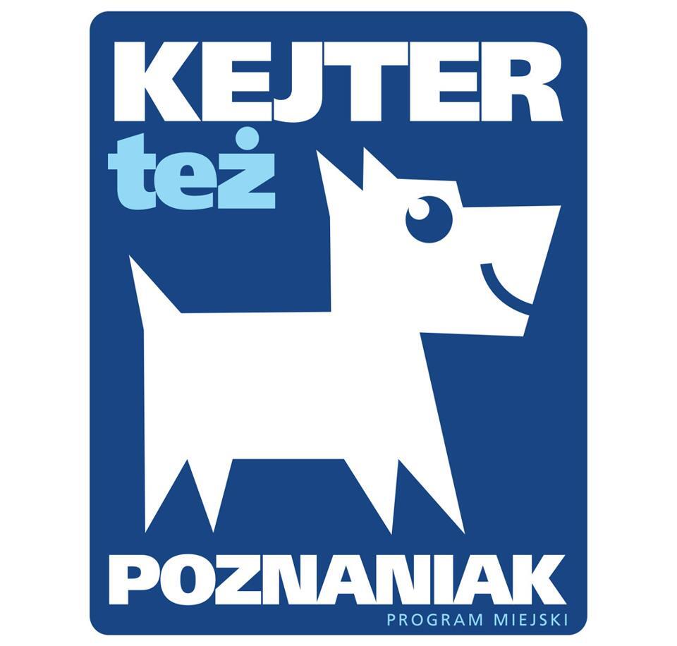 Biały pies na niebieskim tle oraz napis "Kejter też poznaniak"