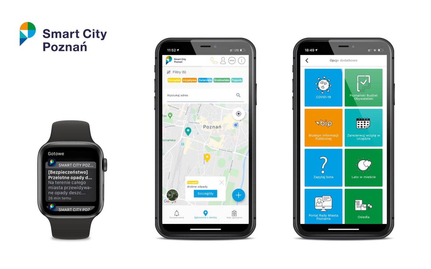 Na fotografii widać logo Smart City Poznań, pod nim smartwatch, na którym włączona jest aplikacja. Obok dwa widoki smartfonów - na pierwszym mapa do zgłaszania nieprawidłowości z różnych kategorii, na drugim widok opcji dodatkowych wraz z różnymi kafelkami (ikonami) do wyboru.
