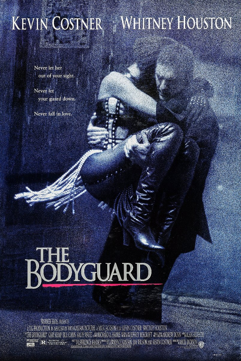 Plakat filmu "The Bodyguard". Na nim mężczyzna trzyma na rękach kobietę, która ukrywa twarz we włosach.