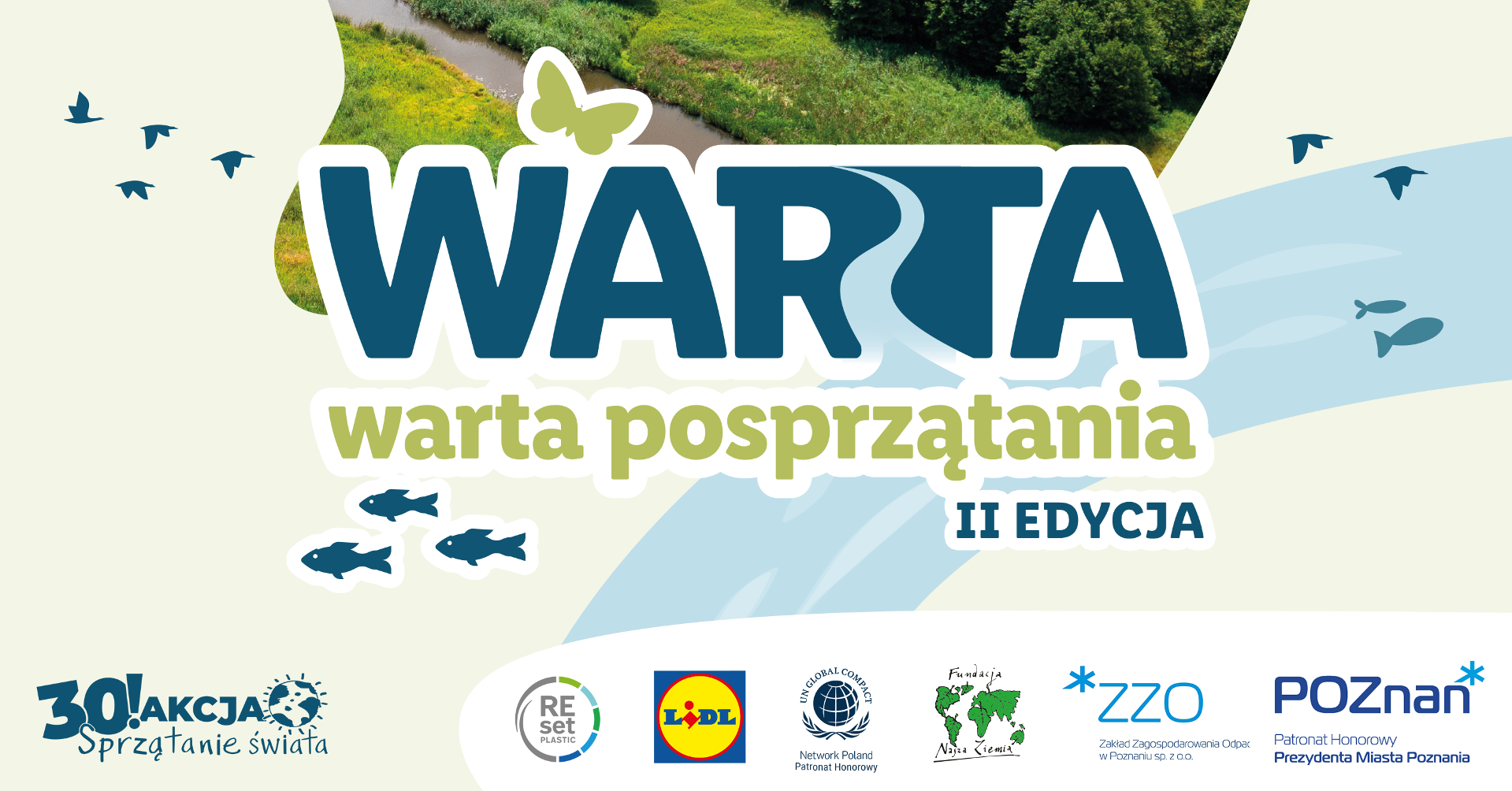 Plakat wydarzenia z informacjami, logami oraz grafikami ryb i ptaków - grafika artykułu