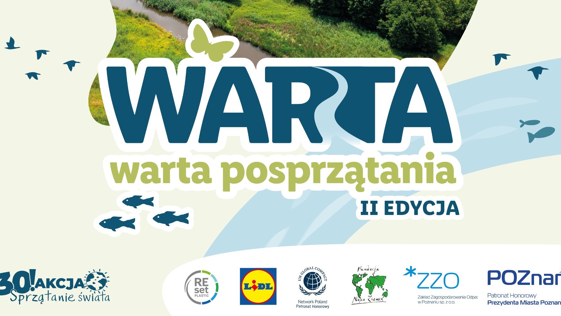 Plakat wydarzenia z informacjami, logami oraz grafikami ryb i ptaków