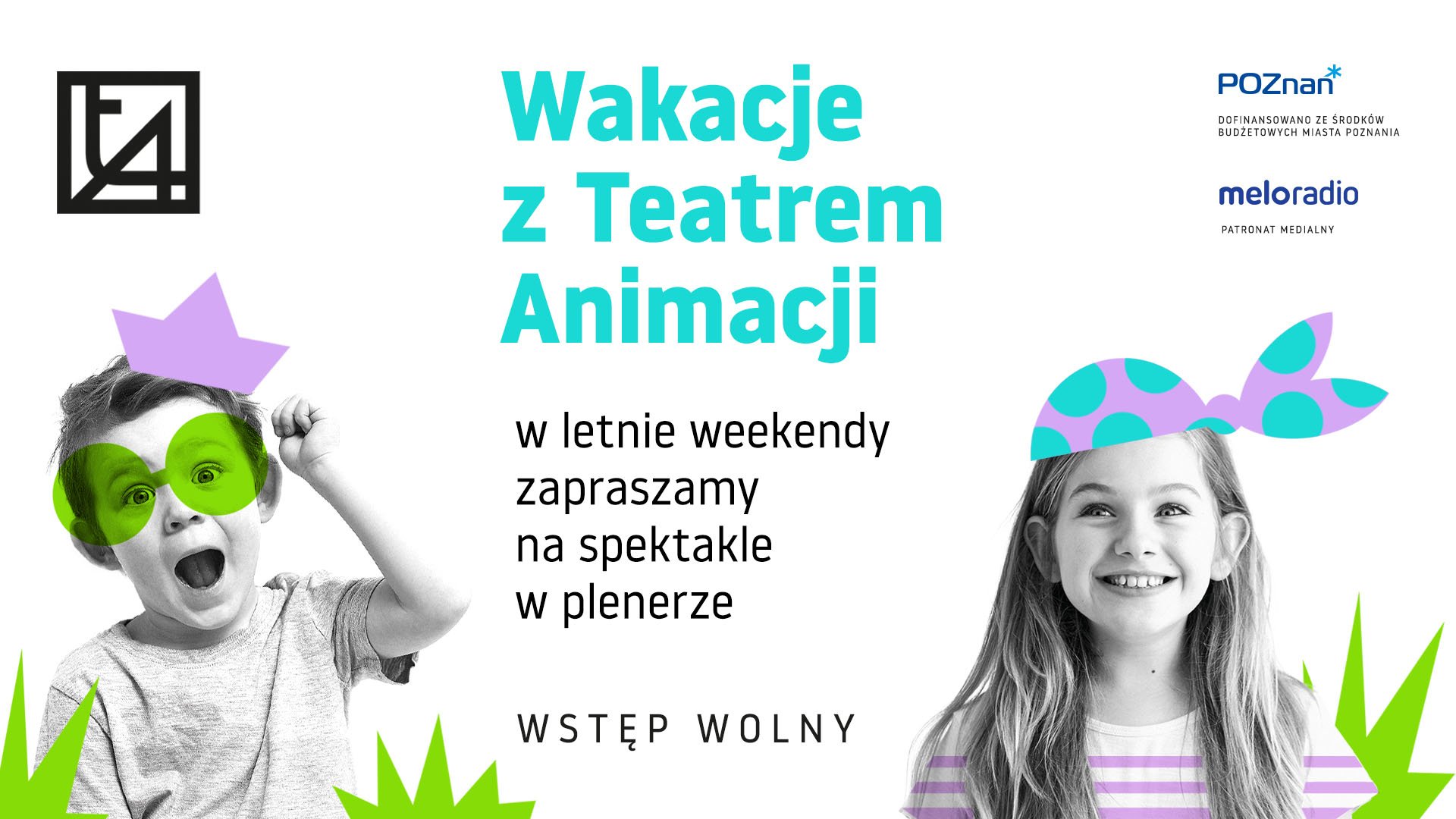 Plakat z informacjami oraz dwójką dzieci - chłopczyk w fioletowej koronie i zielonych okularach się śmieje, a dzieczynka w fioletowo-niebieskiej czapce pirata się uśmiecha