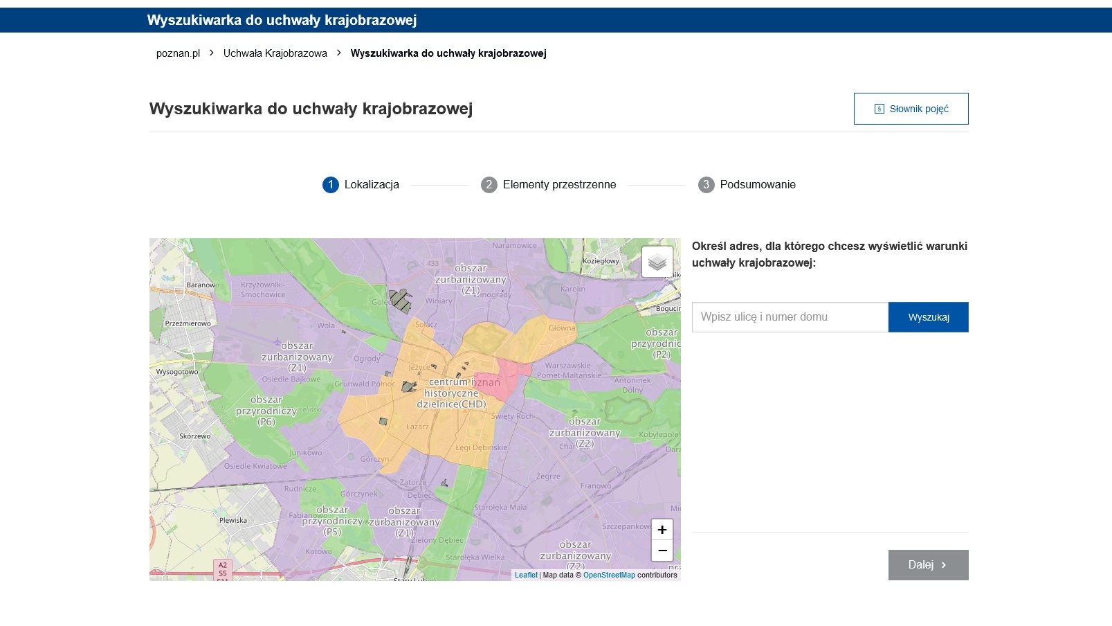 Zrzut ekranu z witryny wyszukiwarki uchwały krajobrazowej. Na zdjęciu widać mapę Poznania podzieloną na obszary oznaczone różnymi kolorami.