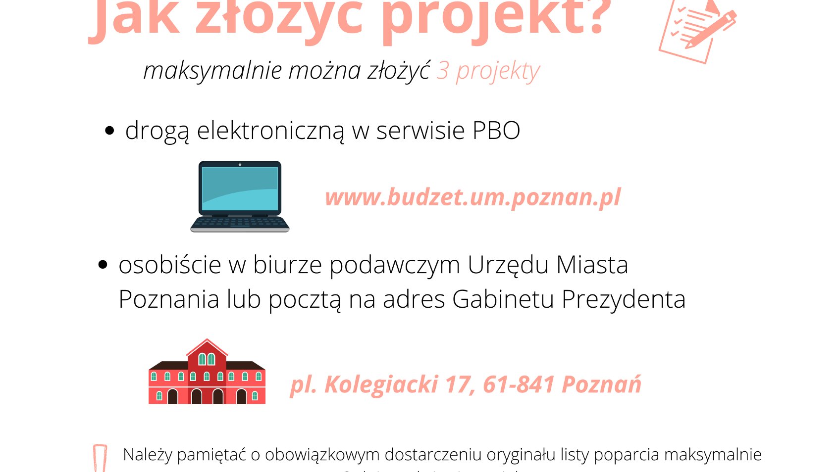 Informator, jak złożyć wniosek. Głównie składa się z tekstu, ale przedstawia też rysunki komputera i budynku.