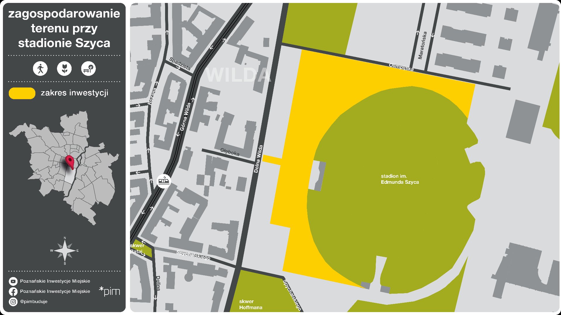 Grafika przedstawia mapę miasta, na której zaznaczono teren inwestycji.