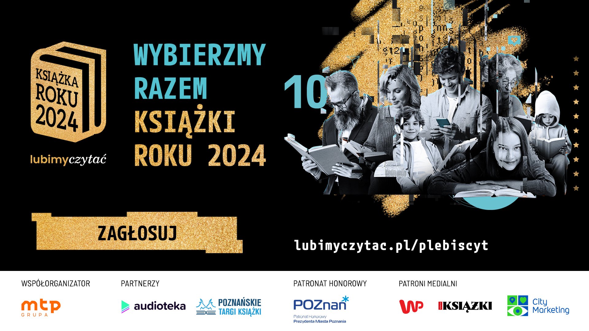 Grafika przedstawia zdjęcia ludzi w różnym wieku czytających książki oraz informacje o plebiscycie.