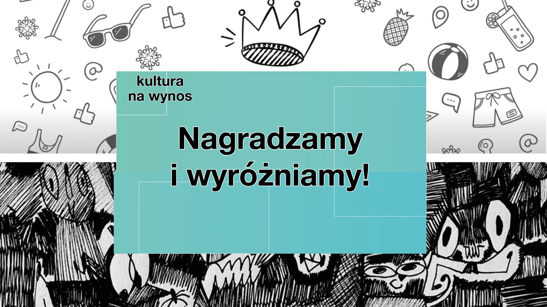 Zdjęcie podzielone jest na dwa prostokąty - jeden z czarnymi infografikami na białym tle, drugie z białymi rysunkami na czarnym tle. Na środku znajduje się kwadrat z hasłem konkursu