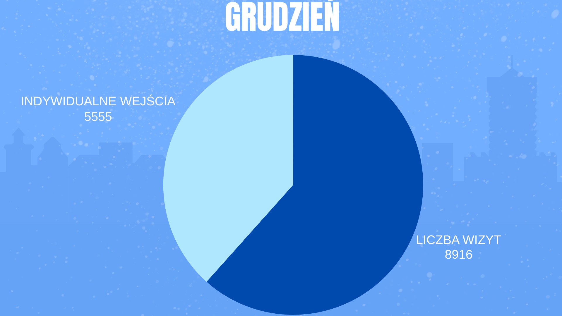 Wykres kołowy przedstawia dwie wartości. Pierwsza wartość "liczba wizyt: 9816". Druga wartość "indywidualne wejścia: 5555". Nad wykresem napis "Grudzień".