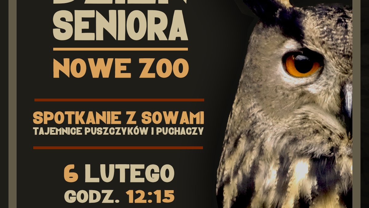 Plakat informujący o spotkaniach z seniorami. Po prawej stronie połowa sowy z czarno-żólto-szarymi piórami i dużym brązowym okiem. Szczegóły o spotkaniu w artykule.