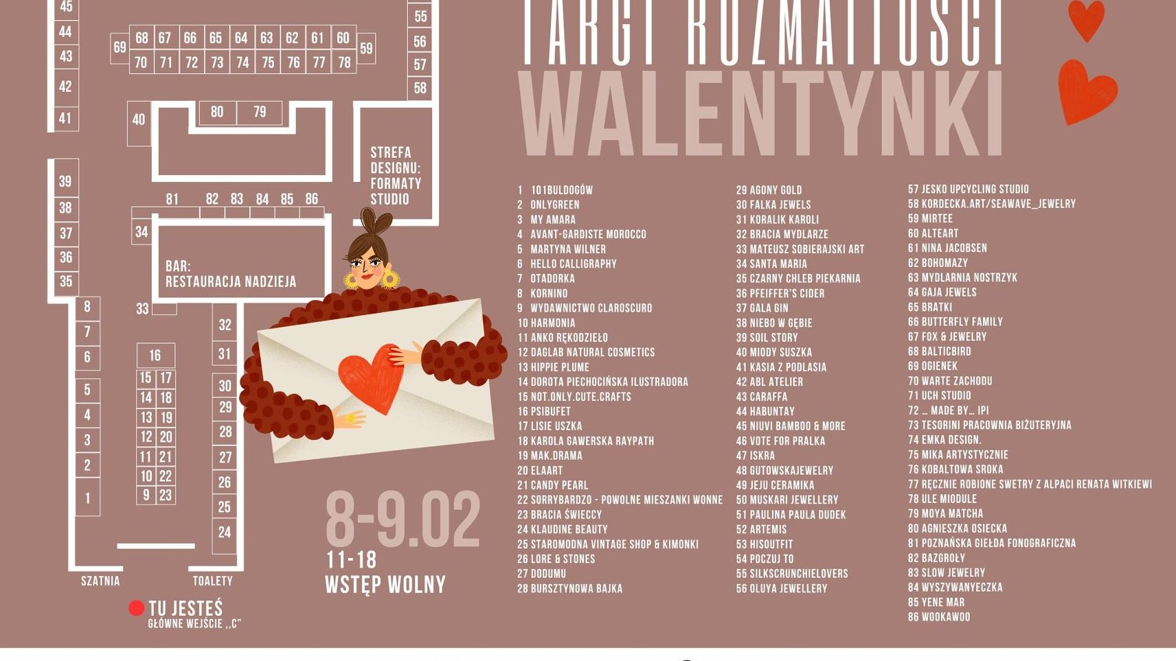 Po lewej stronie mapa targów z rozrysowanymi stanowiskami poszczególnych wystawców. Po prawej lista numerowana z nazwami wystawców, zajmująca 3 kolumny. W środku rysunek kobiety obejmującej kopertę zaklejoną serduszkiem.